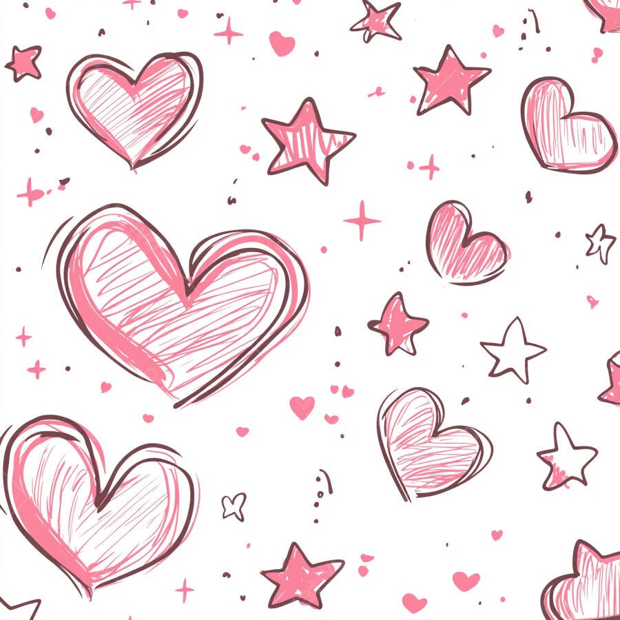 Padrão de corações e estrelas rosas desenhados à mão em fundo branco