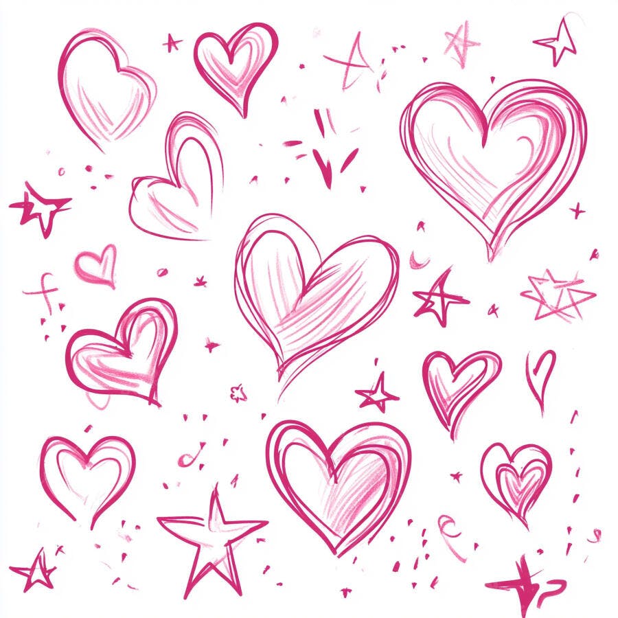 Corações e estrelas rosa desenhados à mão em fundo branco