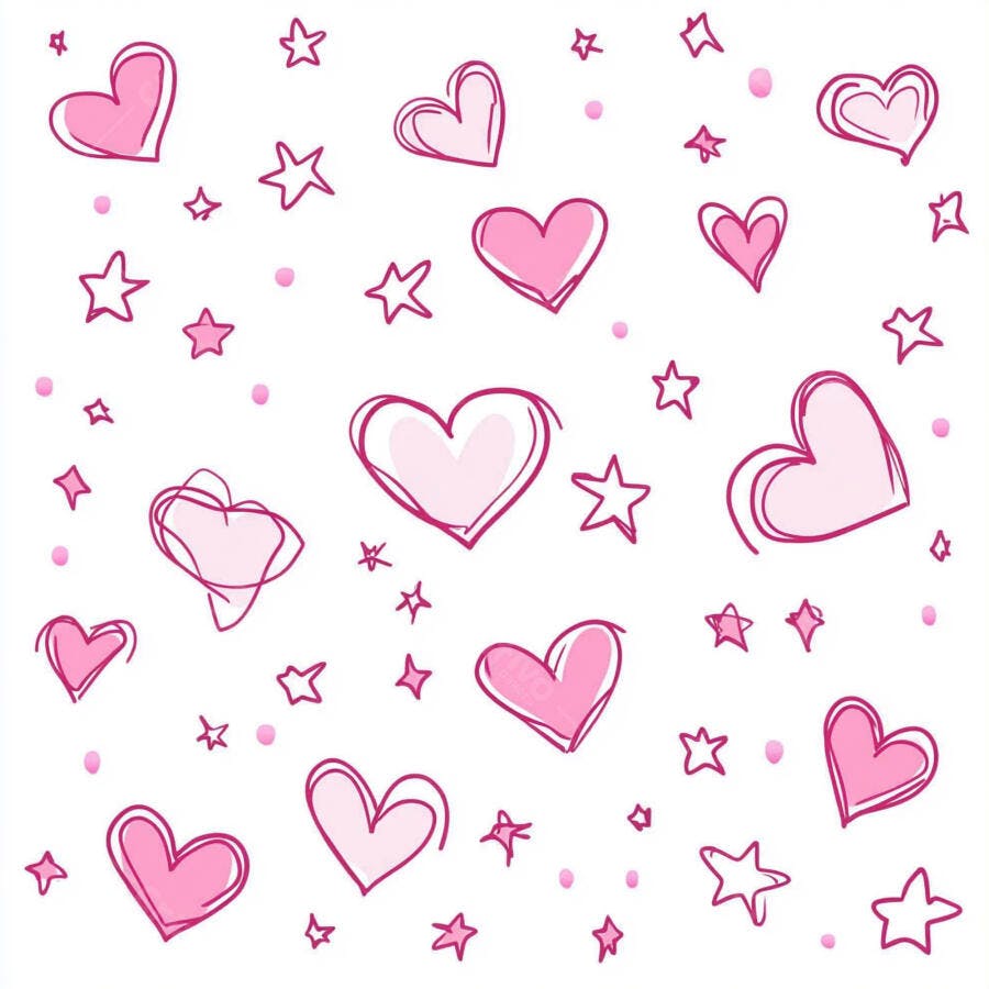 Corações e estrelas rosa padrão fofo desenhado à mão fundo branco