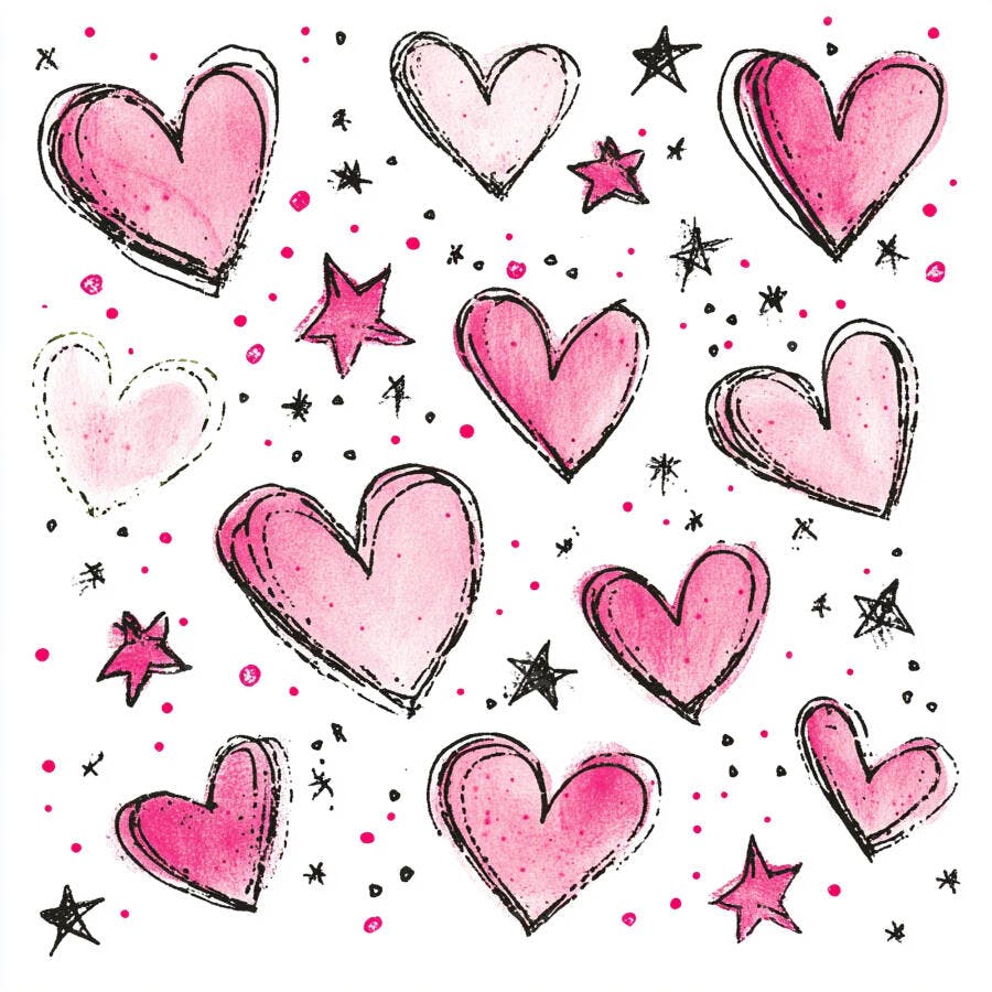 Corações rosa desenhados à mão com estrelas e pontos coloridos