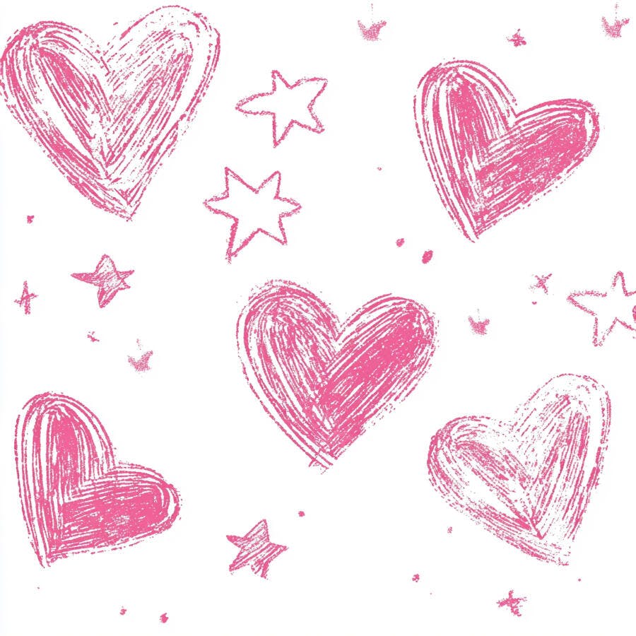 Padrão de corações e estrelas rosa pink desenhados à mão com rabiscos em fundo branco