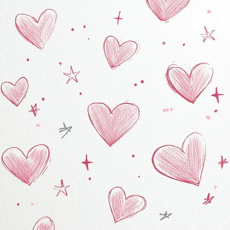 Padrão de corações e estrelas rosa e vermelhas desenhadas à mão em fundo branco