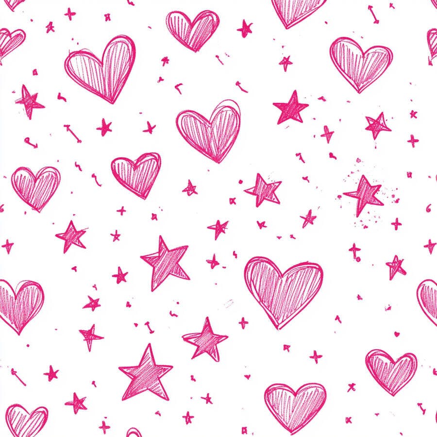 Padrão sem emenda corações e estrelas rosa pink desenhados à mão em fundo branco