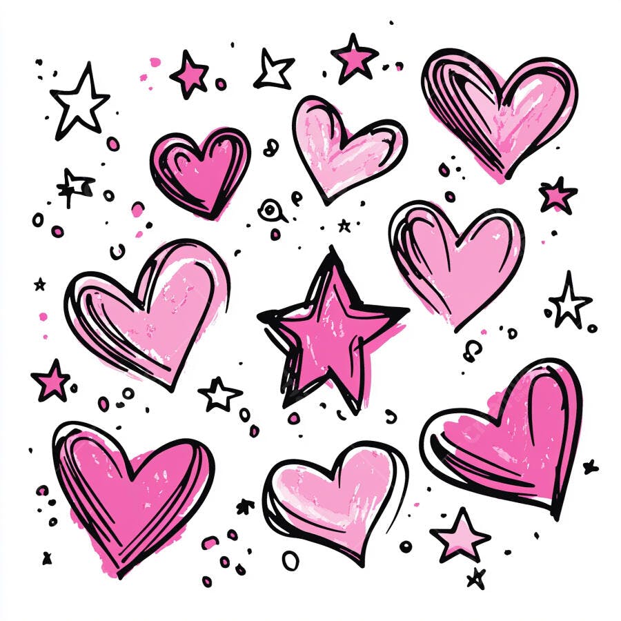 Corações e estrelas cor de rosa desenhadas à mão em fundo branco padrões