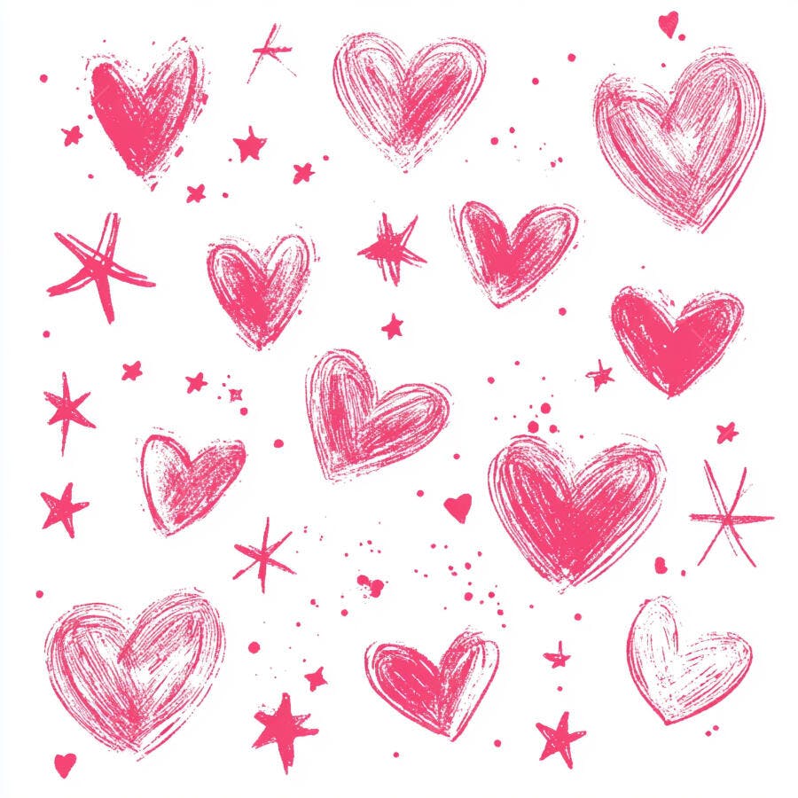Corações desenhados à mão rosa com estrelas em fundo branco padrão grunge