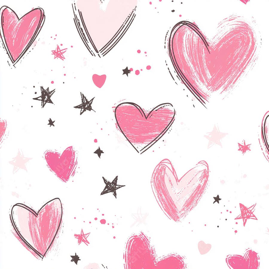 Corações rosa desenhados à mão com estrelas pretas em padrão sem costura