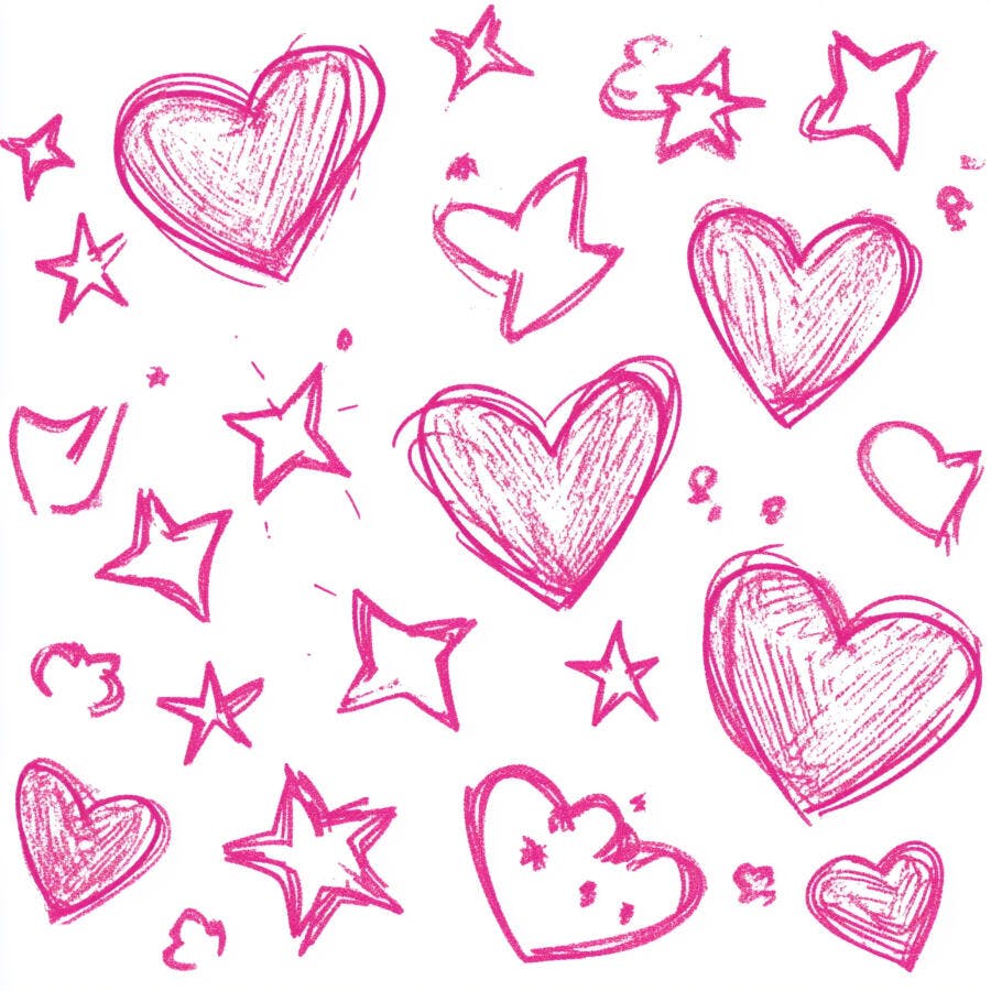 Corações e estrelas rosa vibrante rabiscados em fundo branco ilustração infantil