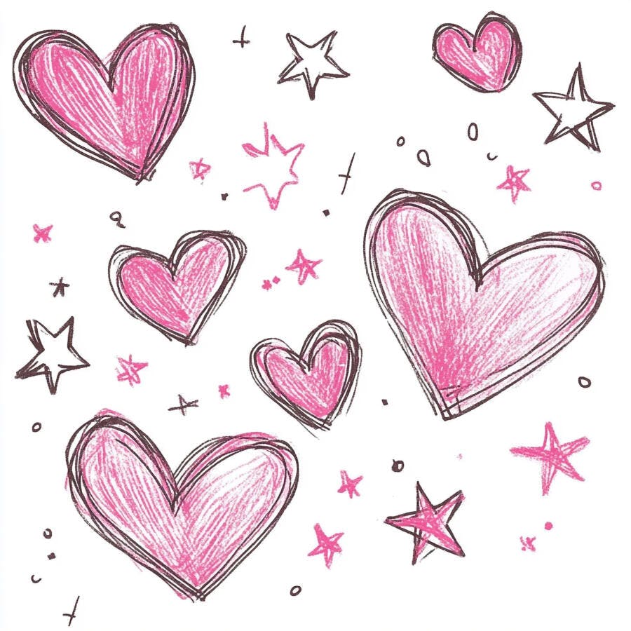 Corações e estrelas desenhados à mão em fundo branco