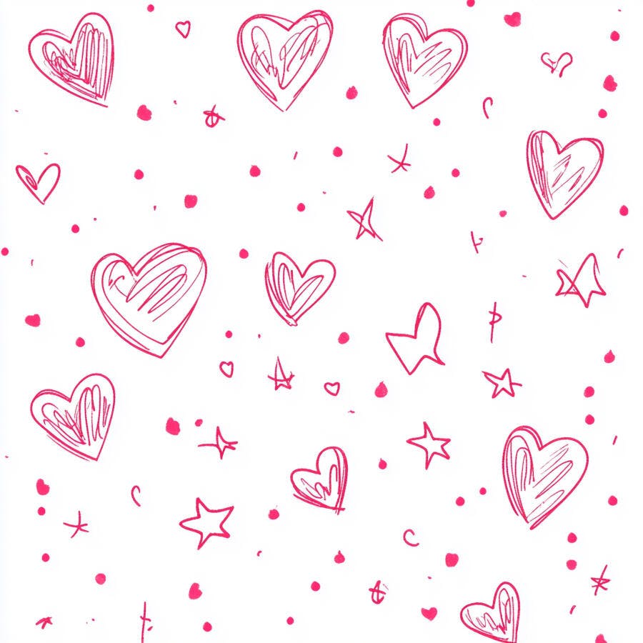 Padrão de corações e estrelas doodles rosa em fundo branco