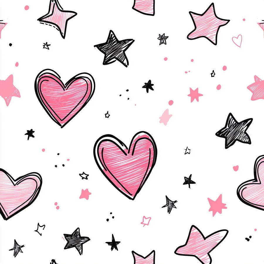 Padrão de corações rosa e estrelas pretas desenhados à mão