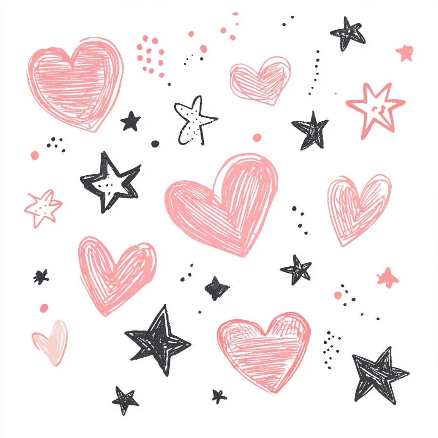 Corações rosa e estrelas pretas desenhadas à mão em padrão fofo