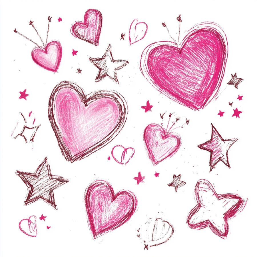 Corações e estrelas desenhados em rosa e marrom estilo rascunho
