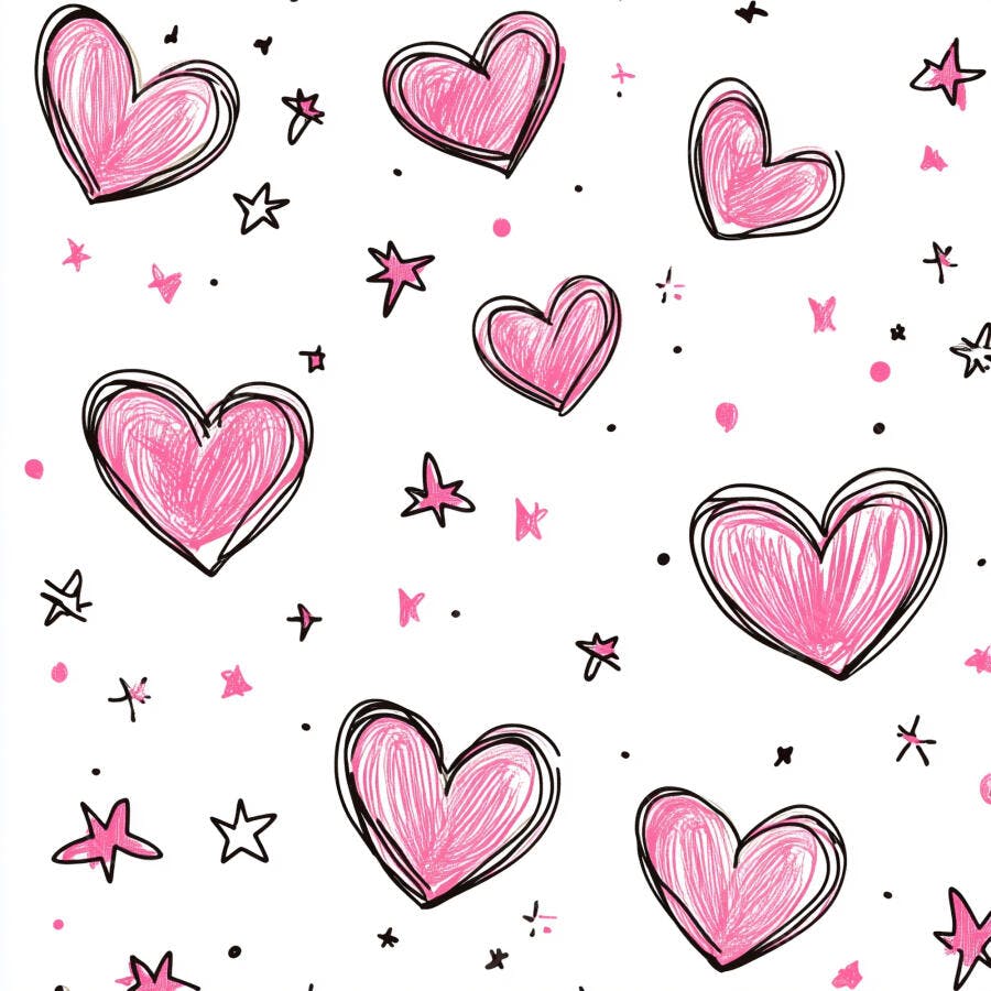 Corações cor-de-rosa rabiscados estrelas e pontos padrão divertido em fundo branco