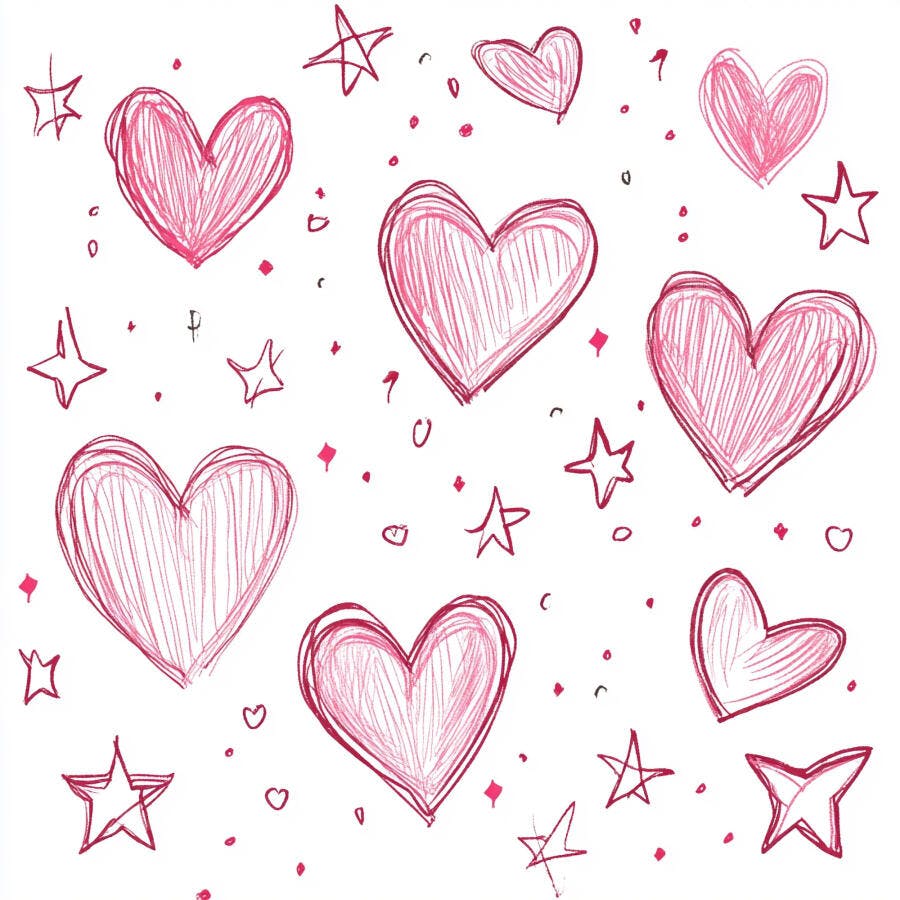 Corações rosa desenhados à mão e estrelas em fundo branco padrão de amor