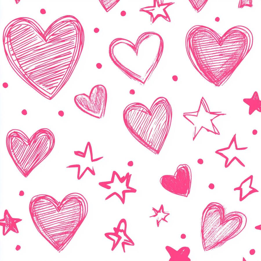 Padrão de corações e estrelas rosa desenhados à mão em fundo branco