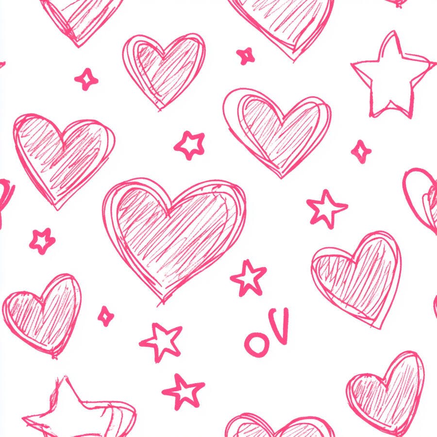 Padrão de corações e estrelas desenhados à mão em rosa vibrante sobre fundo branco