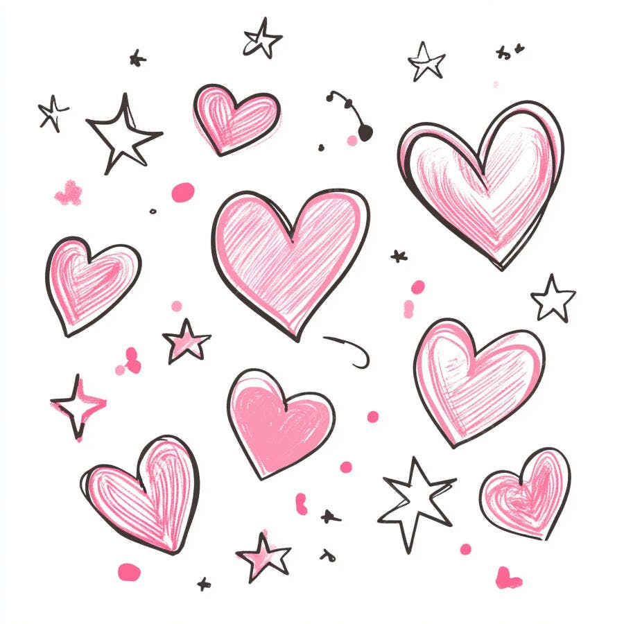 Corações e estrelas desenhados à mão rosa e preto em fundo branco estilo doodle