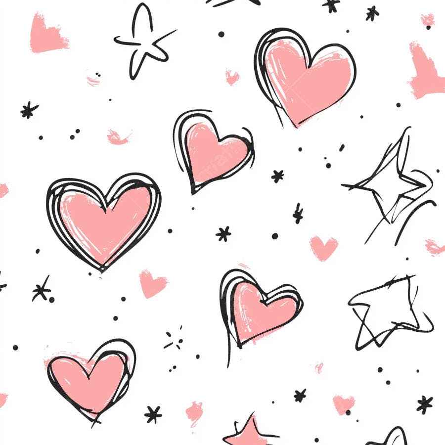 Corações rosa e estrelas pretas padrão desenhado à mão divertido