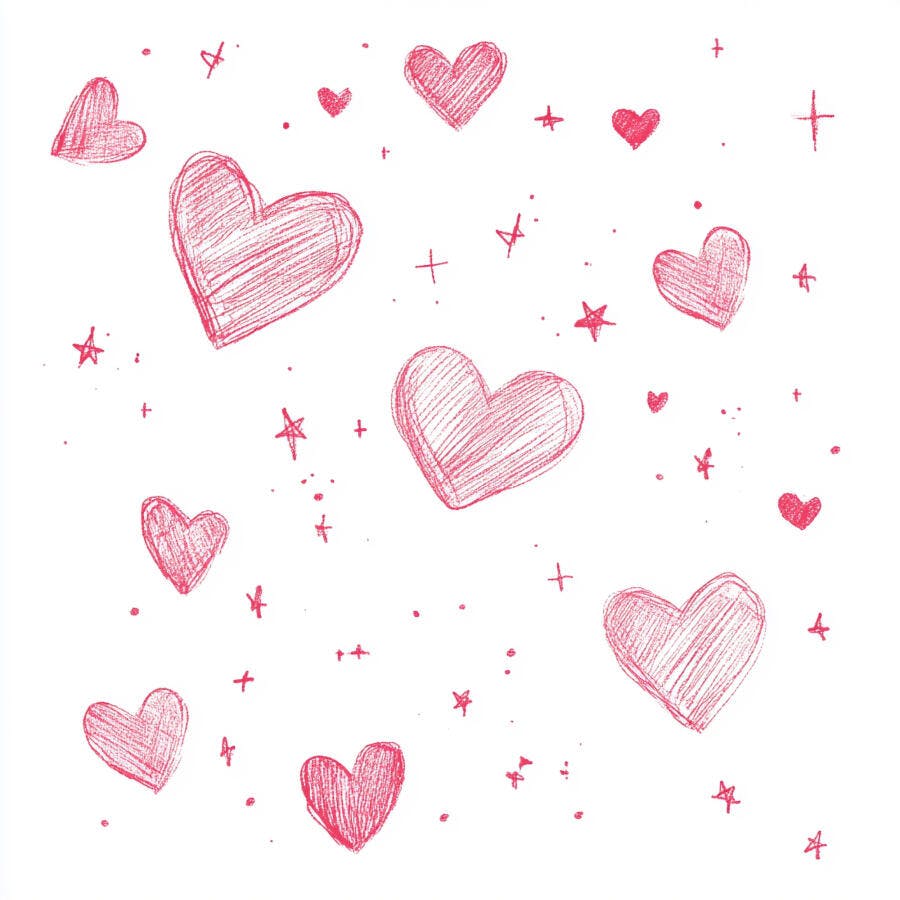Corações vermelhos desenhados à mão padrão de amor com estrelas e pontos
