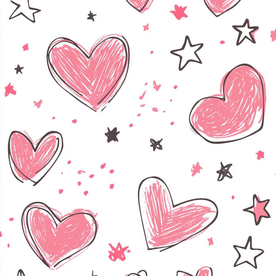 Padrão de corações rosa e estrelas desenhadas à mão fundo branco
