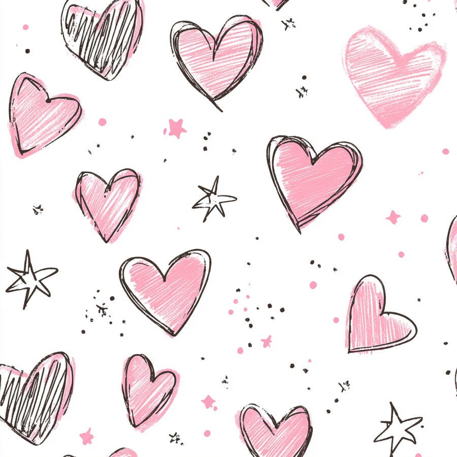Padrão doodle de corações e estrelas rosa e preto em fundo branco