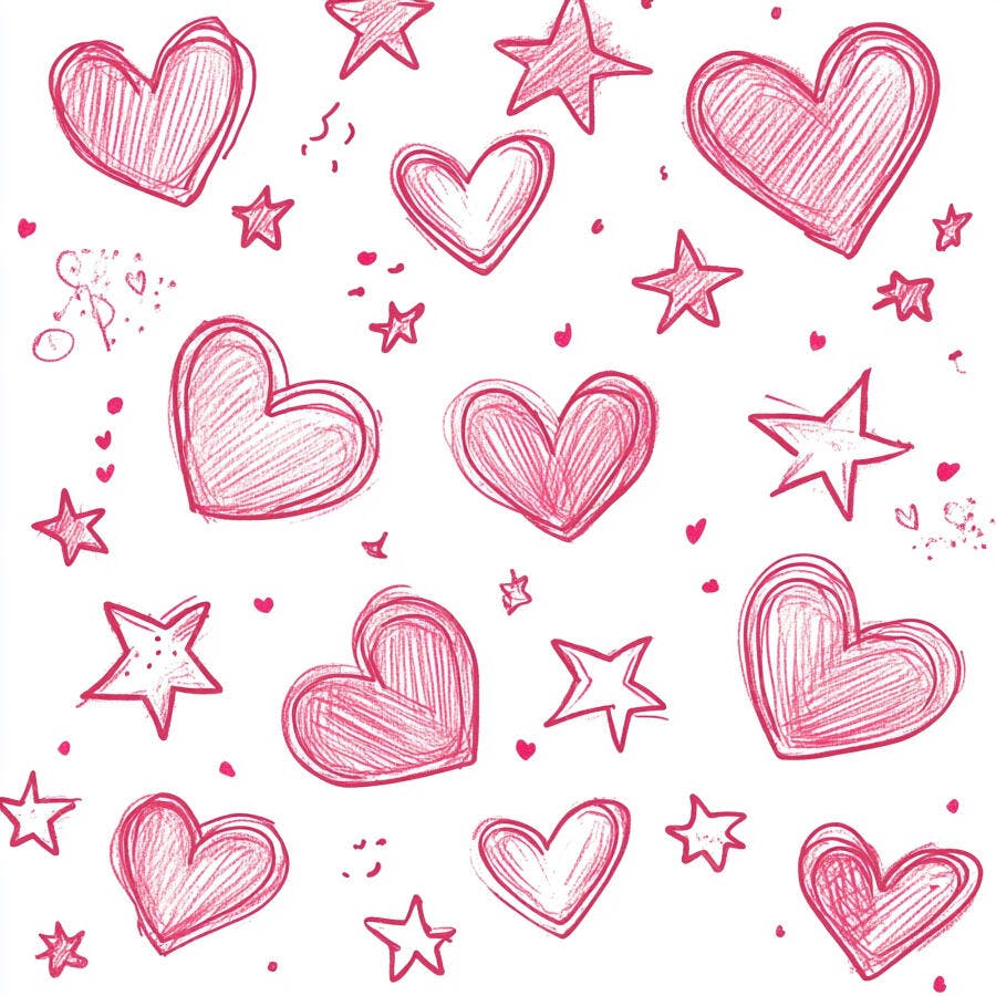 Padrão de corações e estrelas rosa desenhados em fundo branco