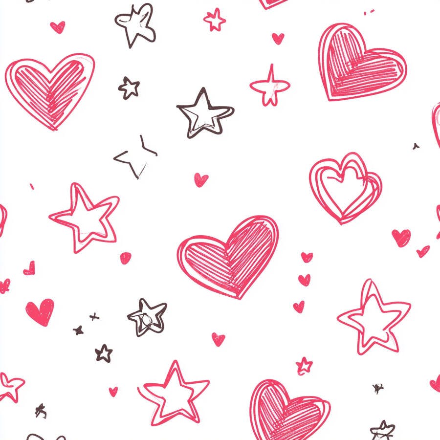 Padrão sem costura corações e estrelas desenhados à mão em rosa e preto