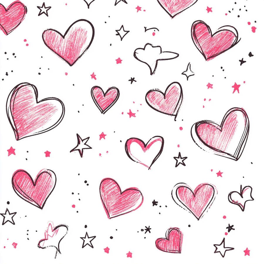 Corações rosa e estrelas desenho estilo doodle fundo branco