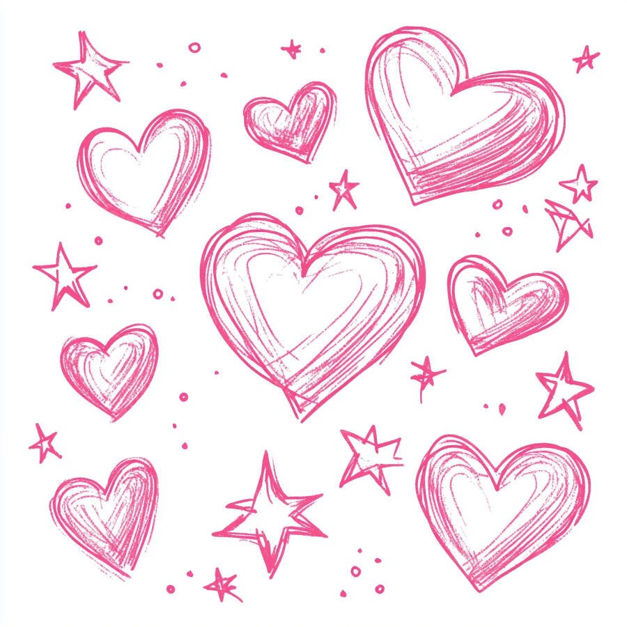 Corações e estrelas rosa desenhados à mão em fundo branco