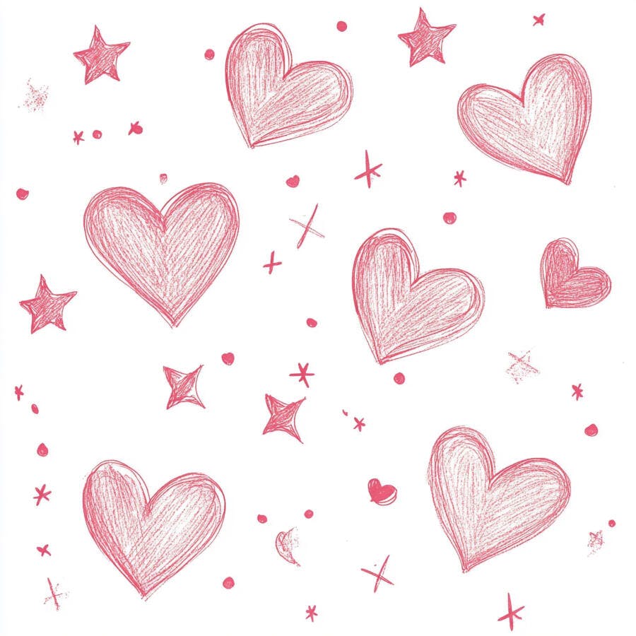 Corações e estrelas rosa desenhados à mão em fundo branco amor e romance
