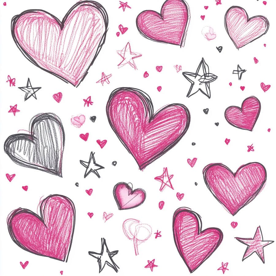 Corações e estrelas desenhados à mão em fundo branco com rabiscos e amor