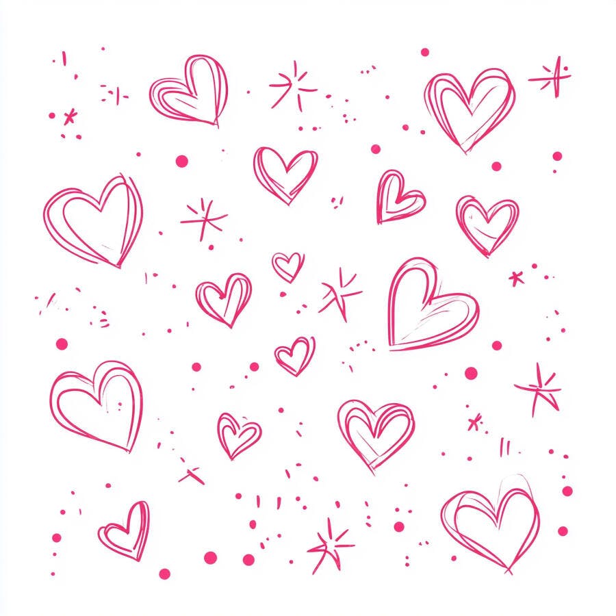 Corações desenhados à mão em padrão rosa sobre fundo branco
