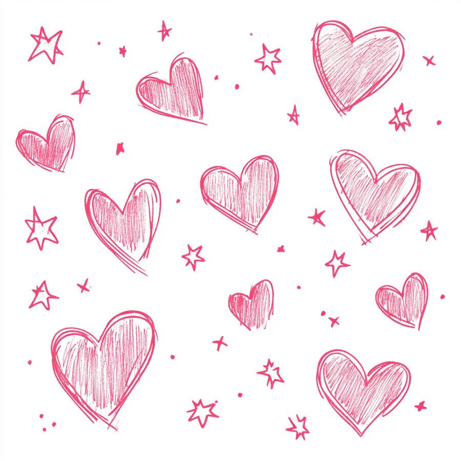 Corações e estrelas rosa desenhados à mão em padrão divertido fundo branco