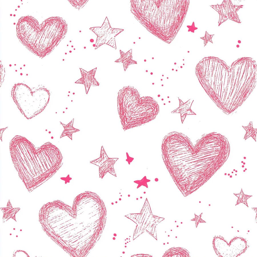 Padrão de corações e estrelas desenhados à mão rosa sobre branco