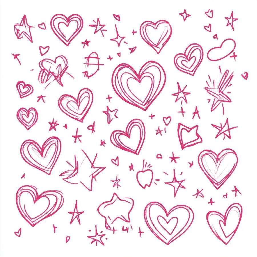 Corações e estrelas rosa desenho à mão em fundo branco estilo doodle