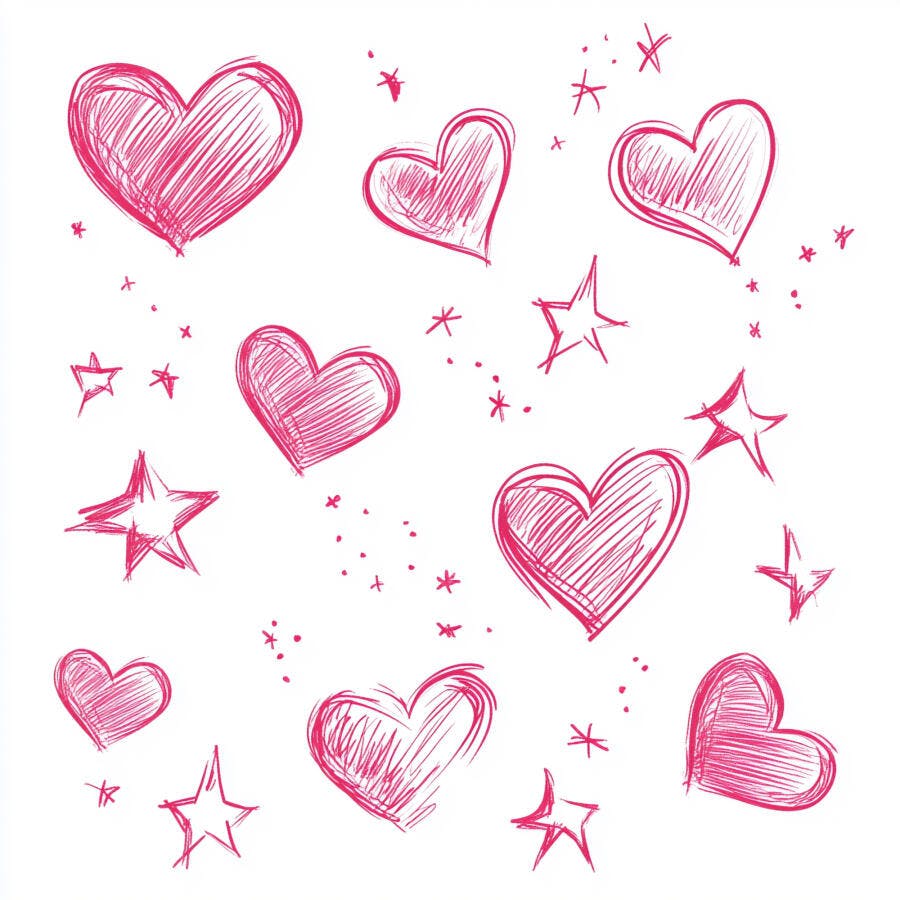 Corações e estrelas rosa fúcsia desenhados à mão em fundo branco padrão
