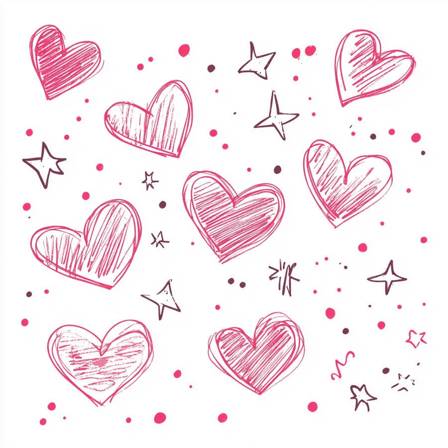 Corações e estrelas cor de rosa desenhados à mão em fundo branco padrão fofo