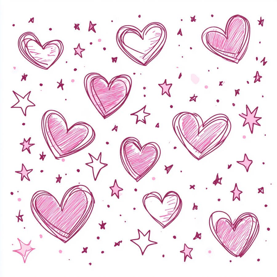 Corações e estrelas rosa desenhados à mão em padrão divertido