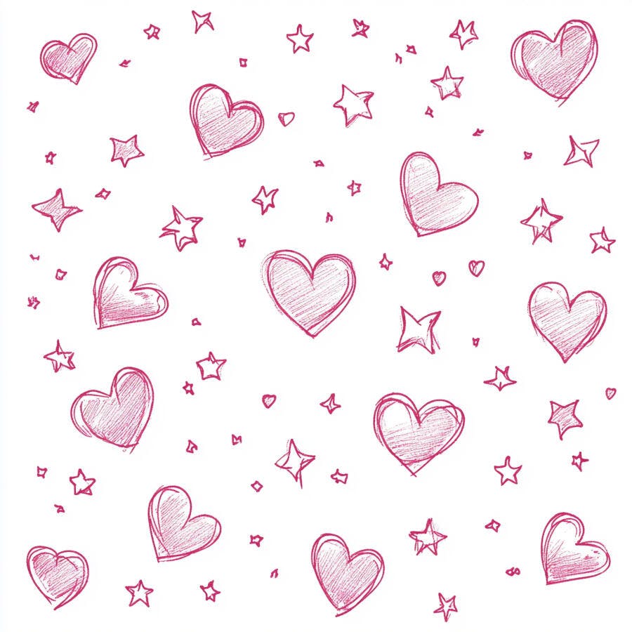 Corações e estrelas desenhados à mão em fundo branco