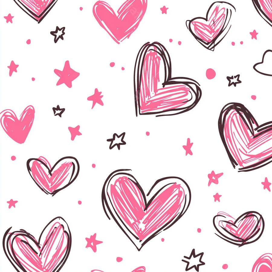 Corações rosa desenhados à mão e estrelas padrão romântico divertido