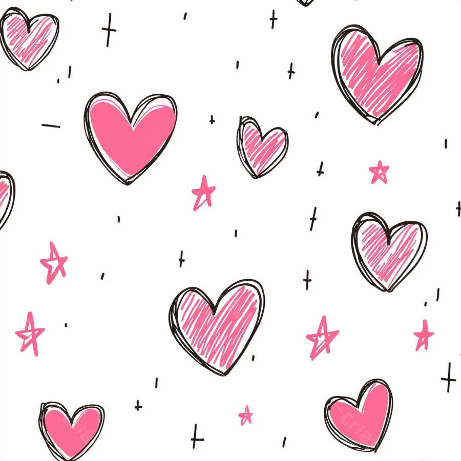 Padrão sem emenda com corações rabiscados rosa e estrelas em fundo branco