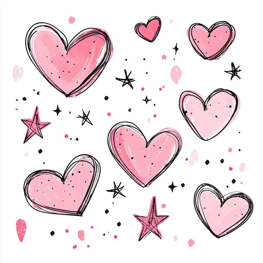 Corações e estrelas rosas desenhados à mão em fundo branco para amor e romance