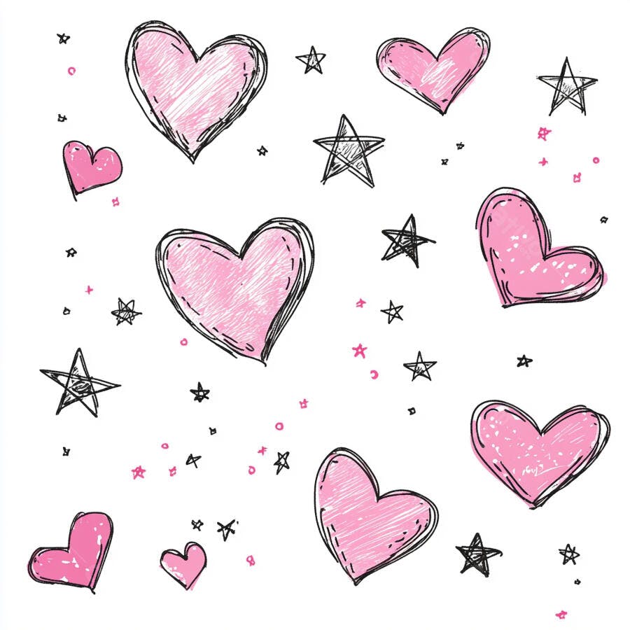 Corações e estrelas rosa desenhados à mão em fundo branco