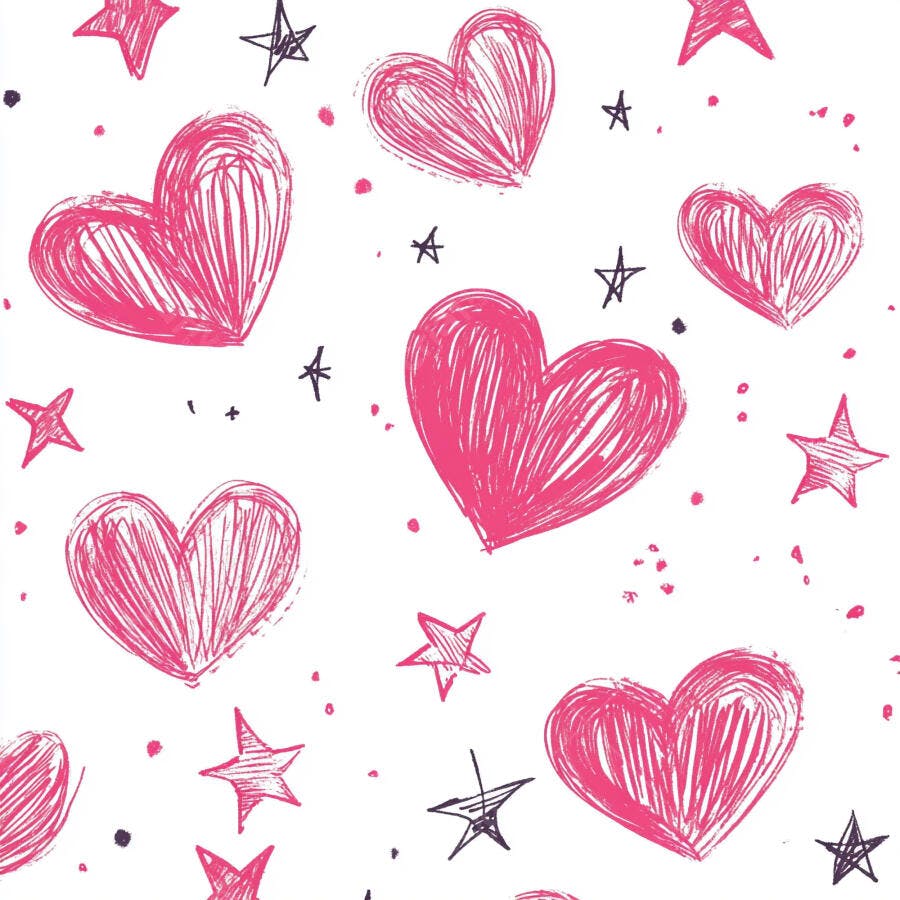 Padrão de corações rosa e estrelas pretas desenhados à mão em fundo branco