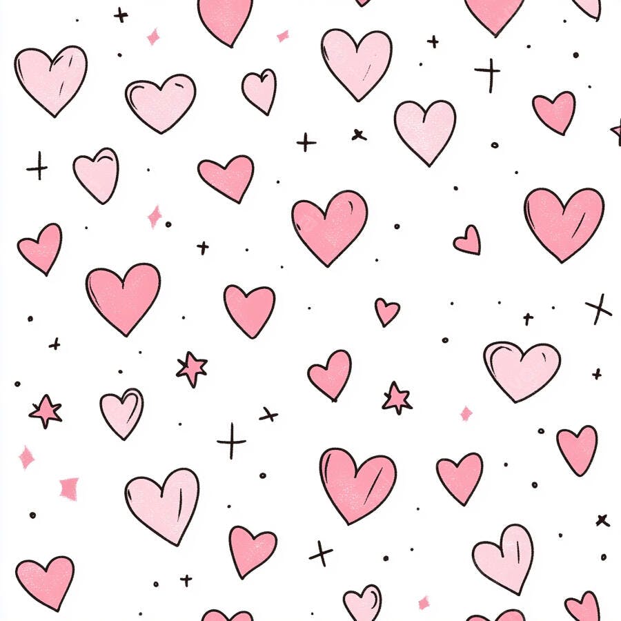 Padrão de corações rosas desenhados à mão com estrelas e pontos fundo branco