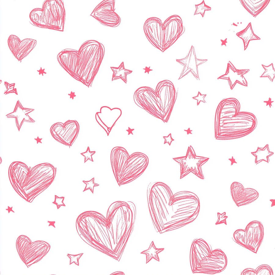 Padrão de corações e estrelas rosas desenhados à mão em fundo branco