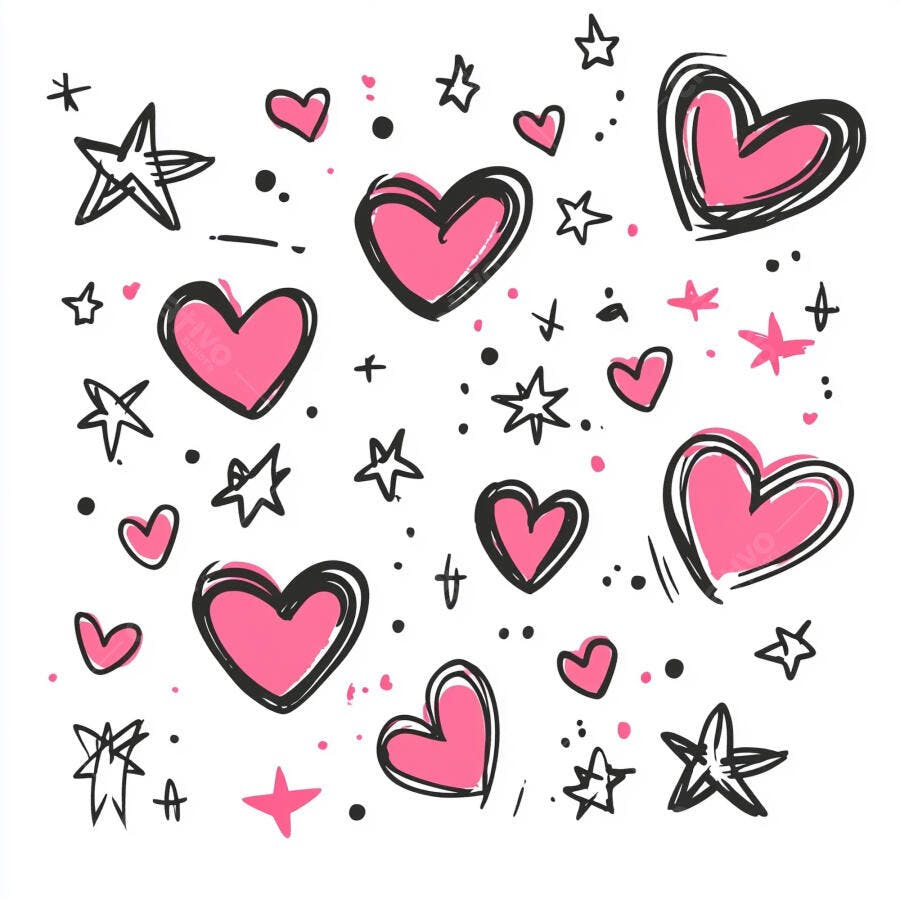 Ilustração doodle de corações rosa e estrelas pretas fundo branco alegre