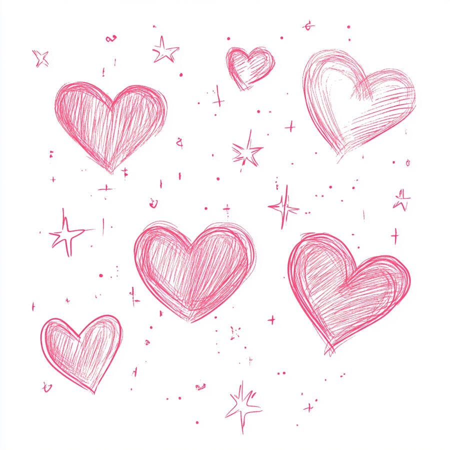 Corações rosa desenhos à mão com estrelas em fundo branco