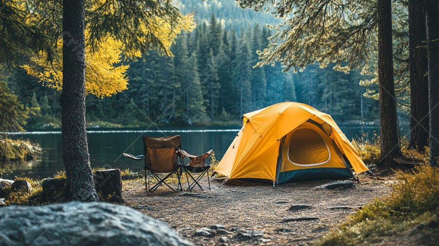 Barraca amarela de camping e cadeiras na floresta à beira do lago