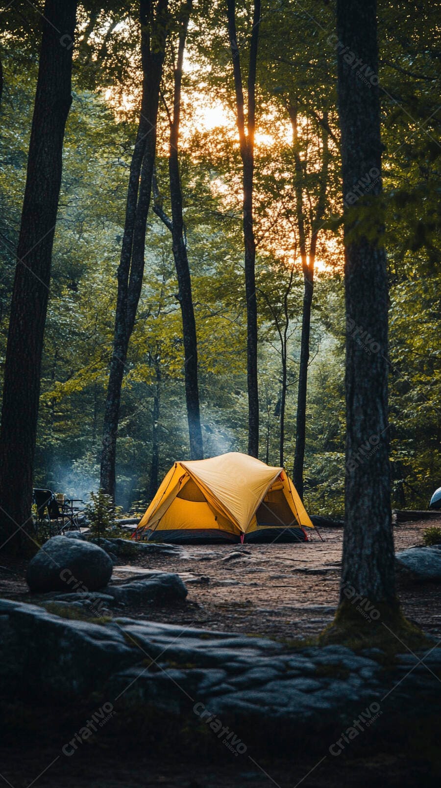 Barraca de acampamento amarela em floresta ao pôr do sol